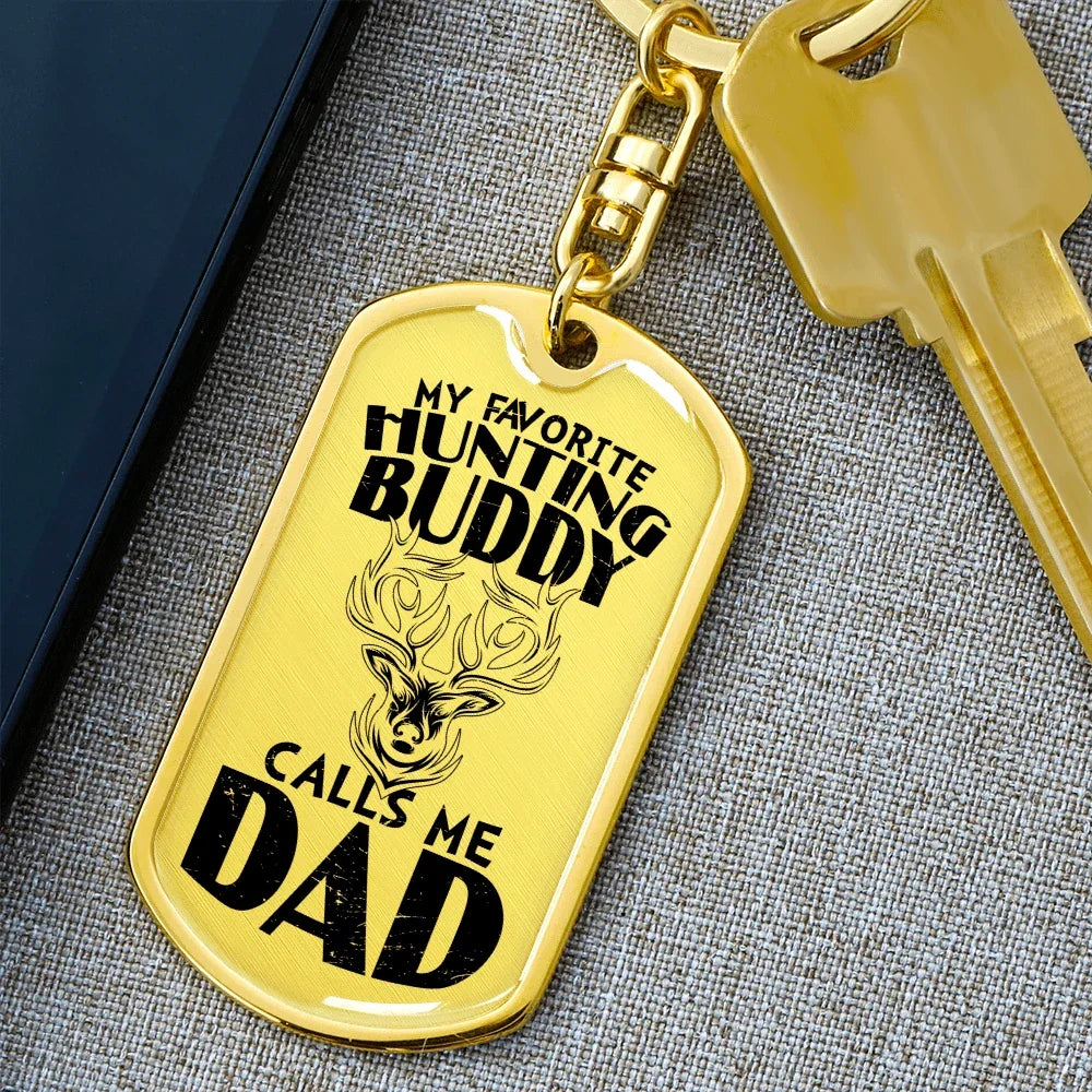 Dad Hunting Buddy Engraved Back Military Style Dog Tag Keychain