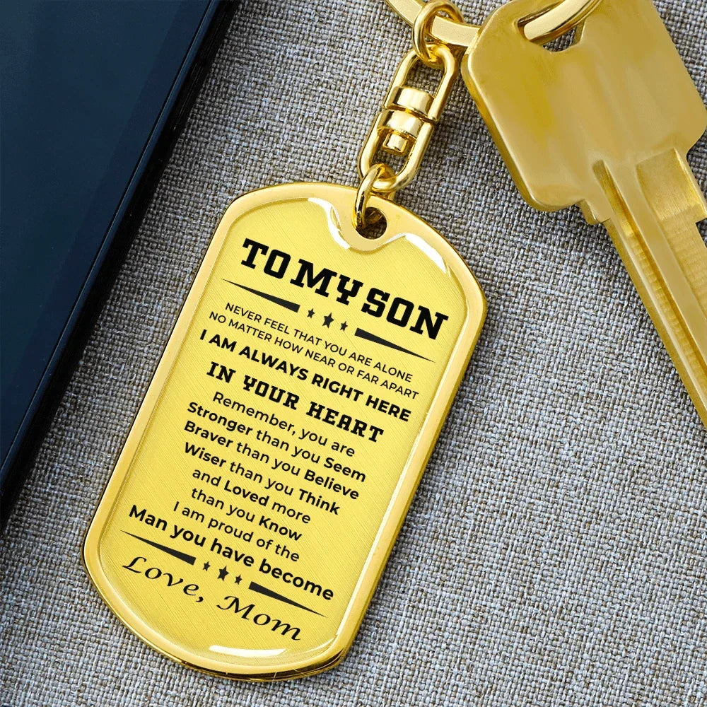 Gift for Adult Son Love Mom Military Style Dog Tag Engraved Keychain