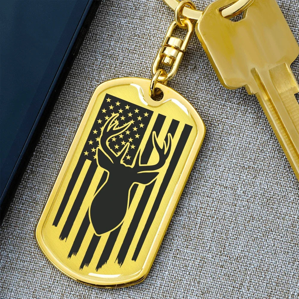 Deer Hunter American Flag Keychain Personalized Engraved Back