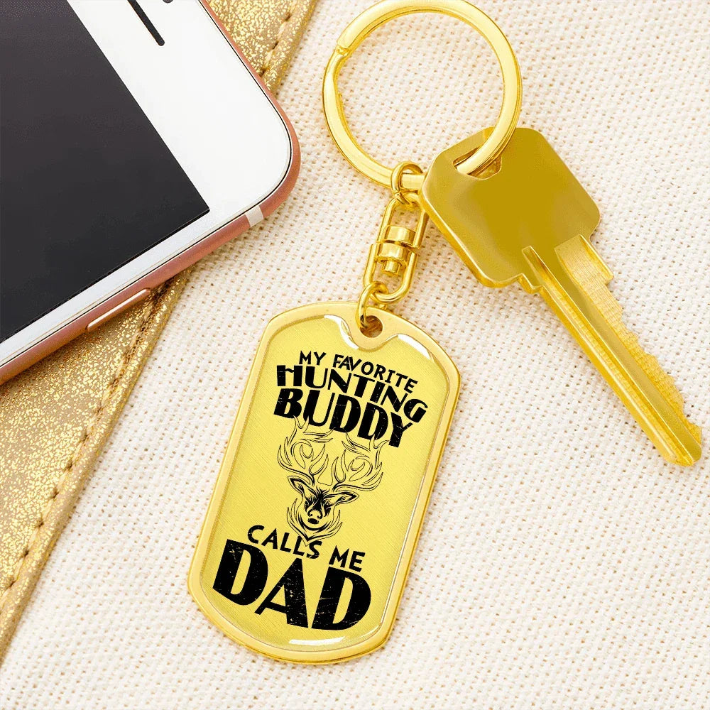 Dad Hunting Buddy Engraved Back Military Style Dog Tag Keychain