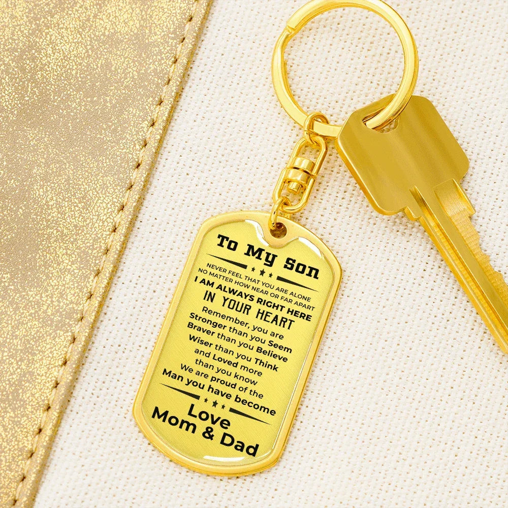 Gift for Adult Son Military Dog Tag Style Engraved Keychain Mom and Dad