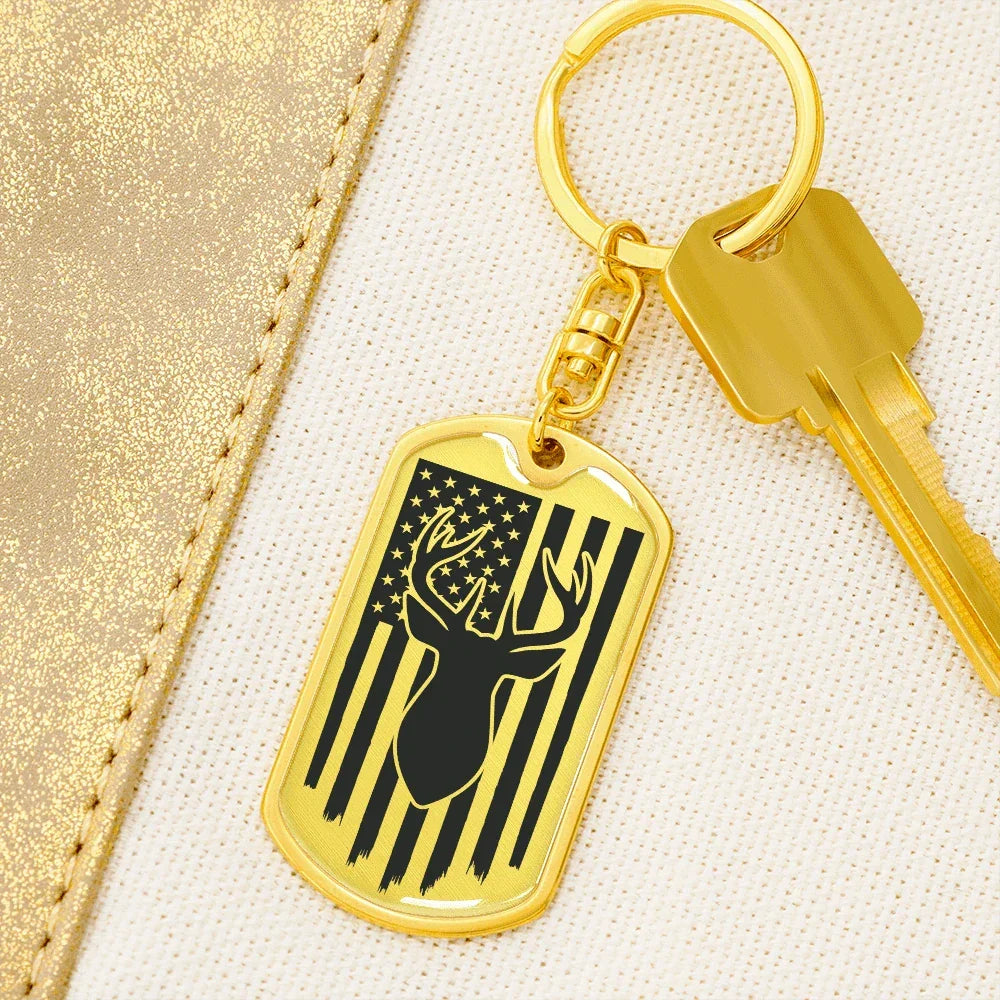 Deer Hunter American Flag Keychain Personalized Engraved Back