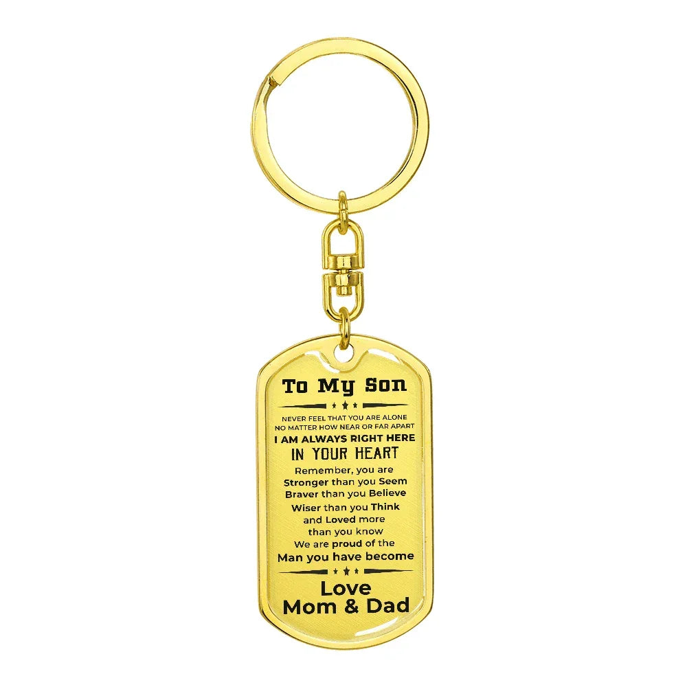 Gift for Adult Son Military Dog Tag Style Engraved Keychain Mom and Dad