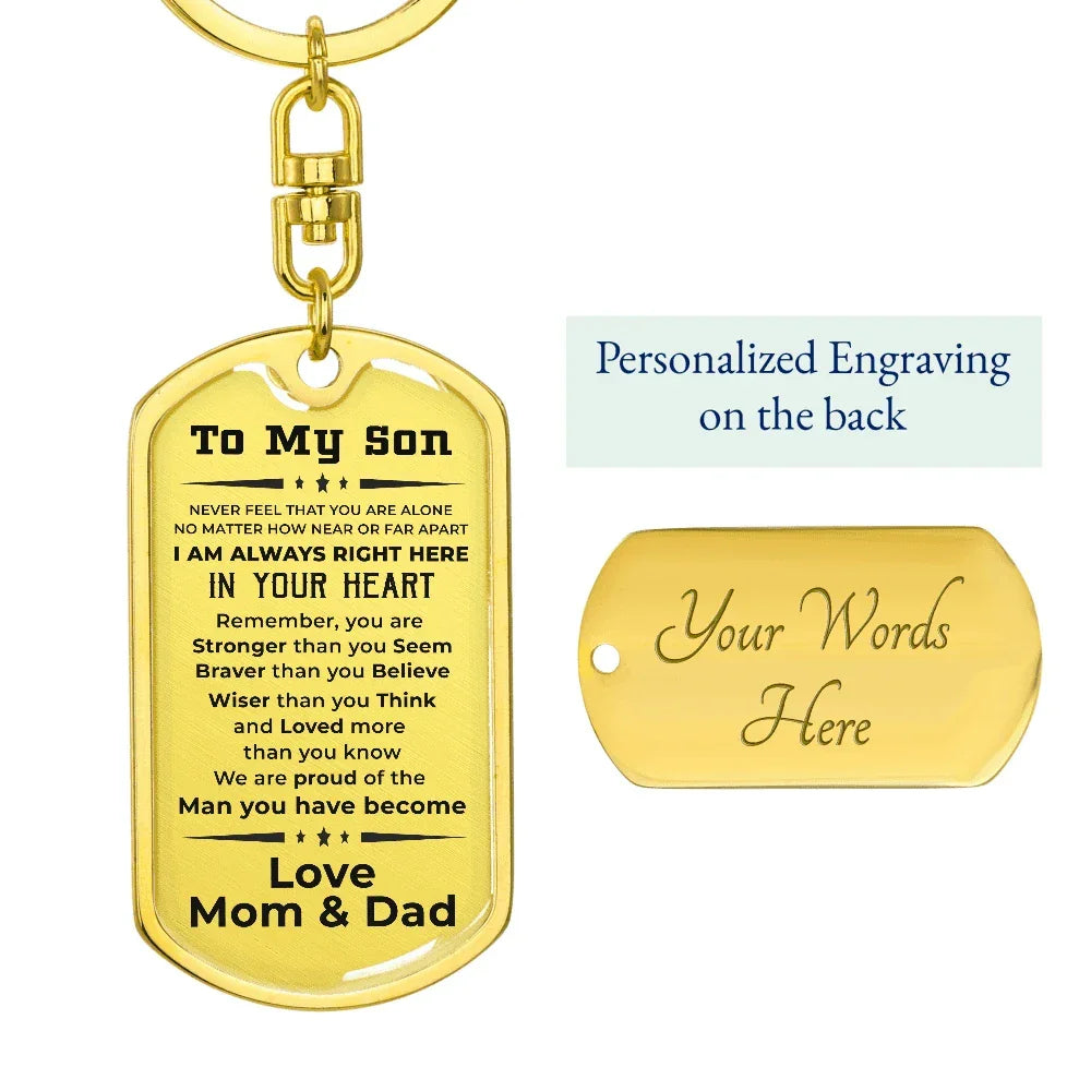 Gift for Adult Son Military Dog Tag Style Engraved Keychain Mom and Dad