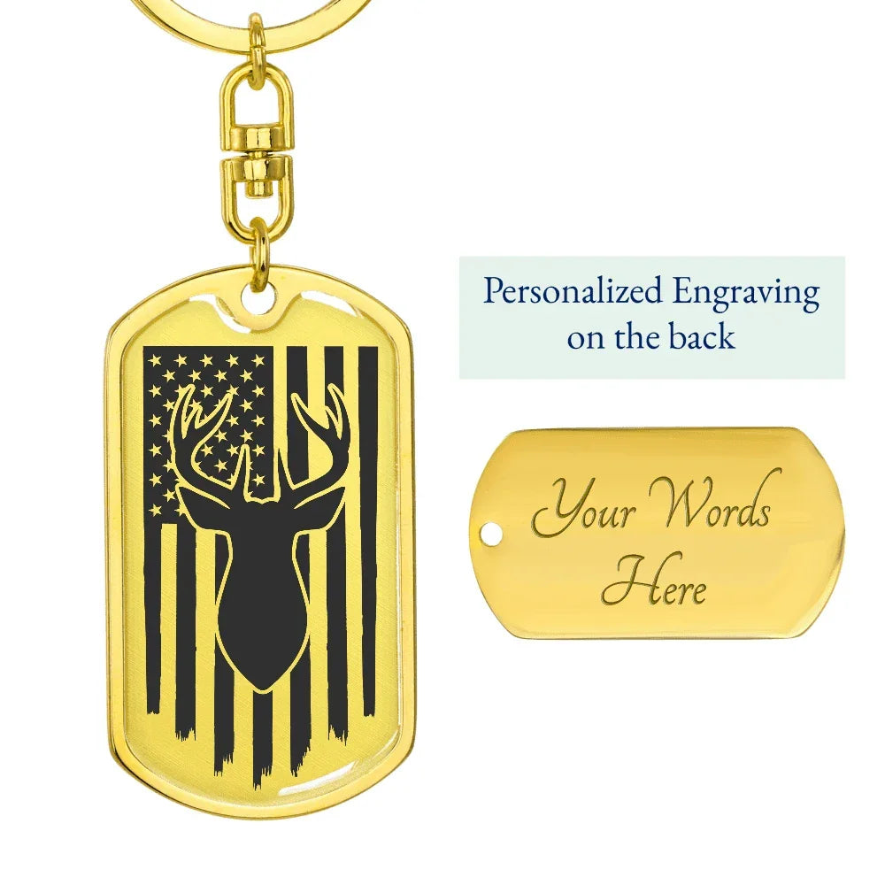 Deer Hunter American Flag Keychain Personalized Engraved Back
