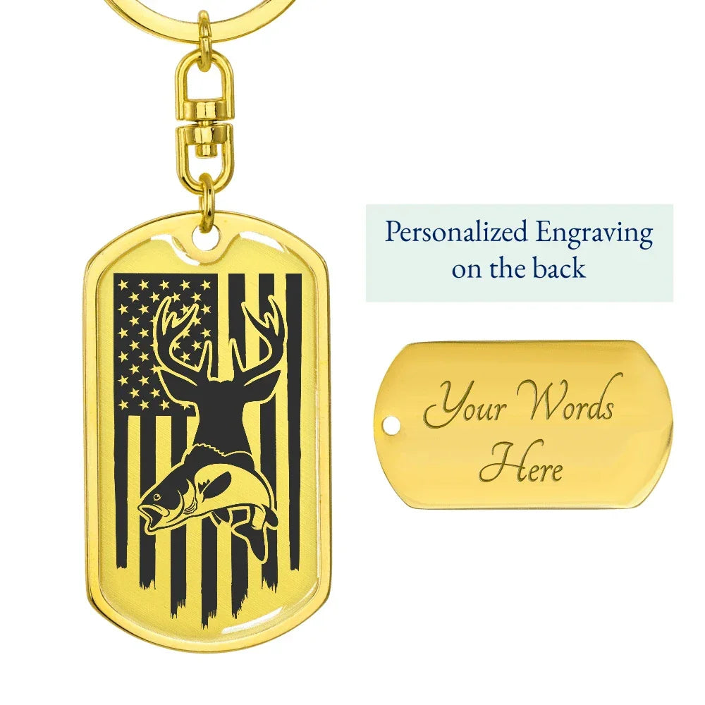 Hunting and Fishing Distressed American Flag Custom Engraved Keychain