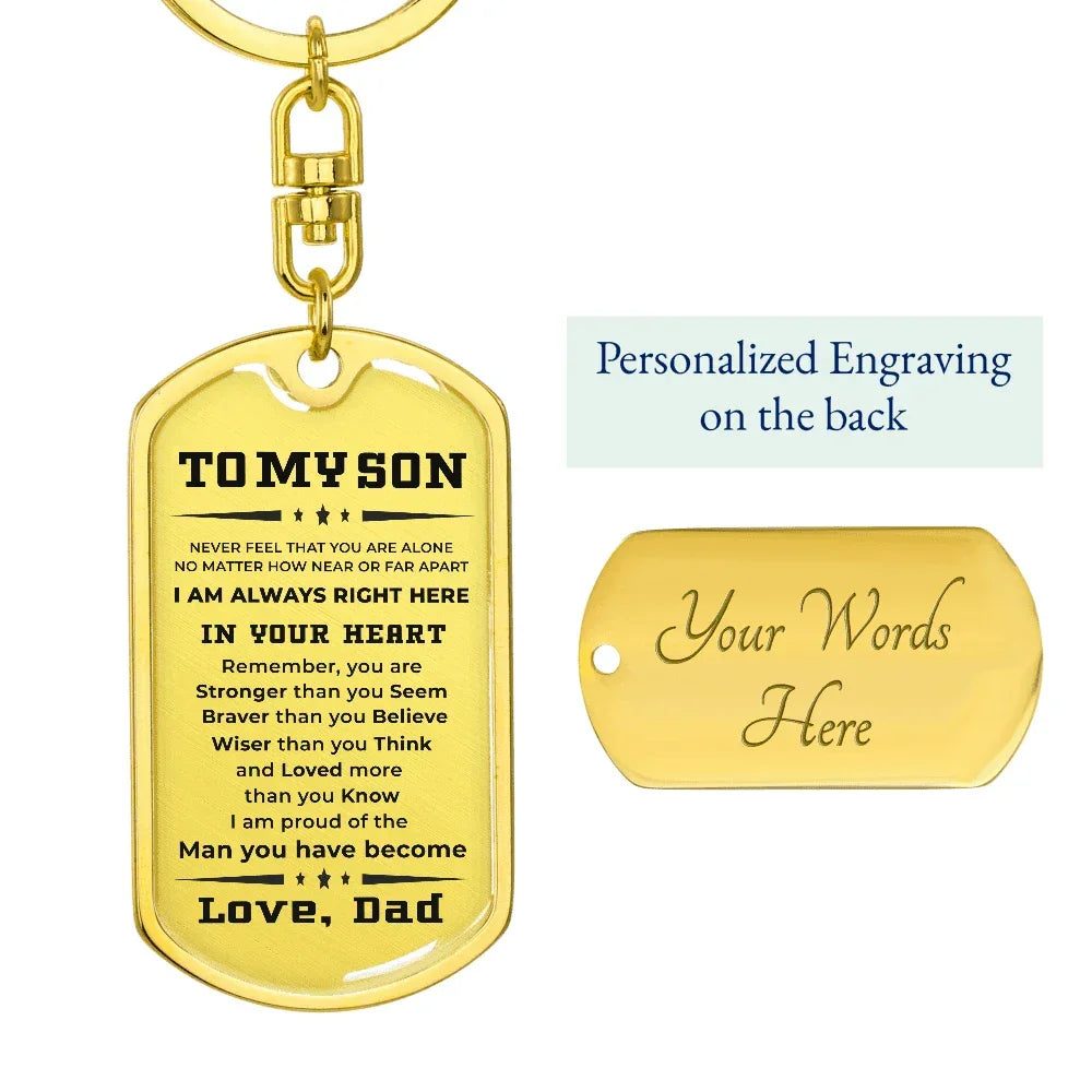 Gift for Adult Son from Dad Engraved Military Style Dog Tag Keychain