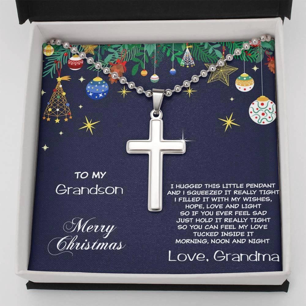 Grandson Personalized Christmas Cross Pendant Necklace
