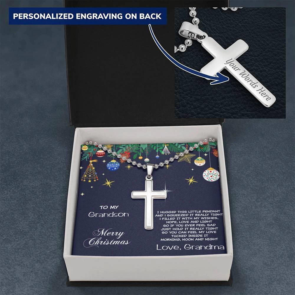 Grandson Personalized Christmas Cross Pendant Necklace