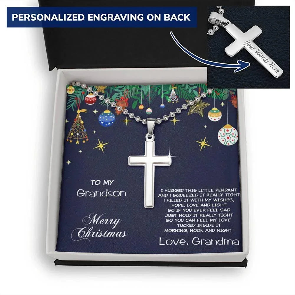 Grandson Personalized Christmas Cross Pendant Necklace