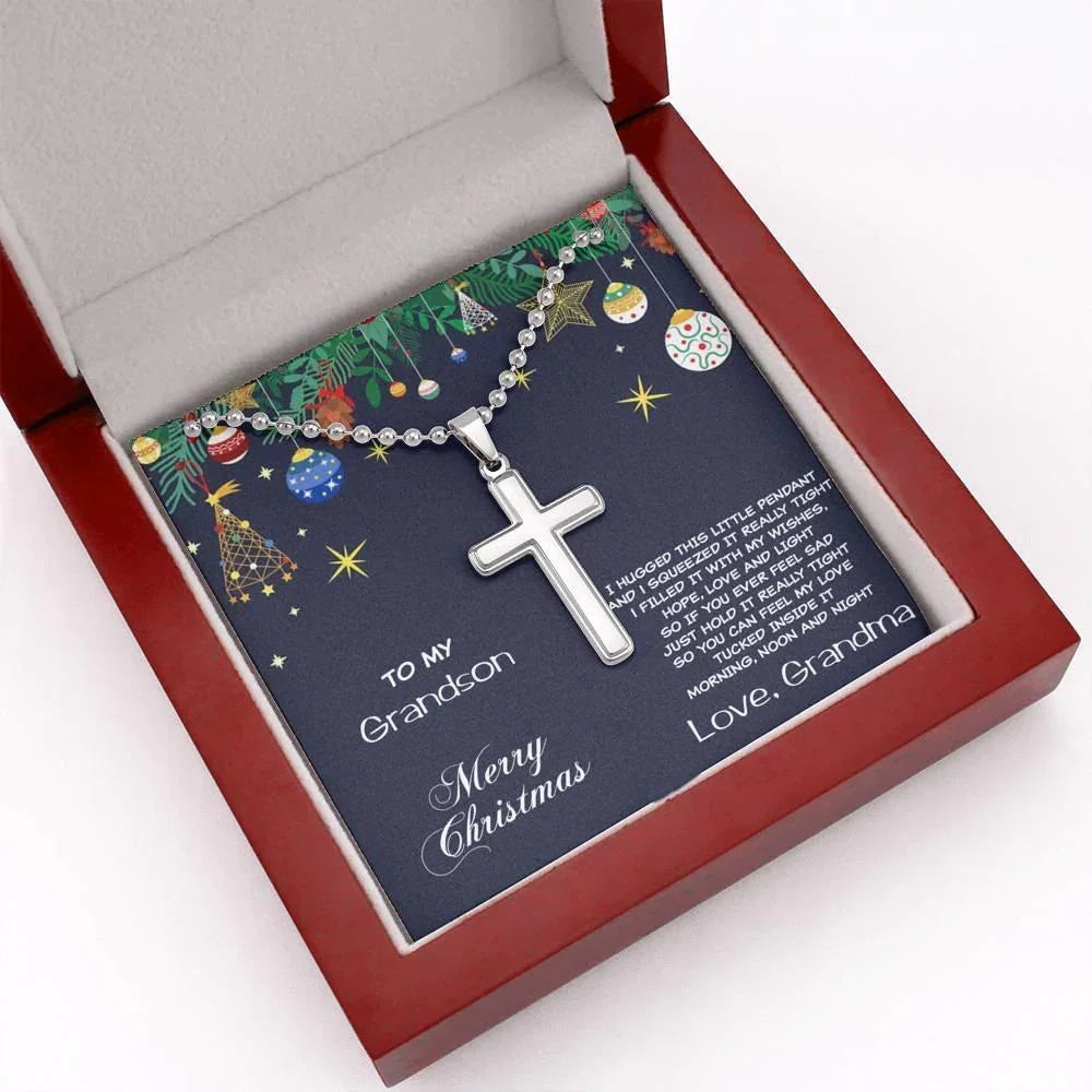 Grandson Personalized Christmas Cross Pendant Necklace