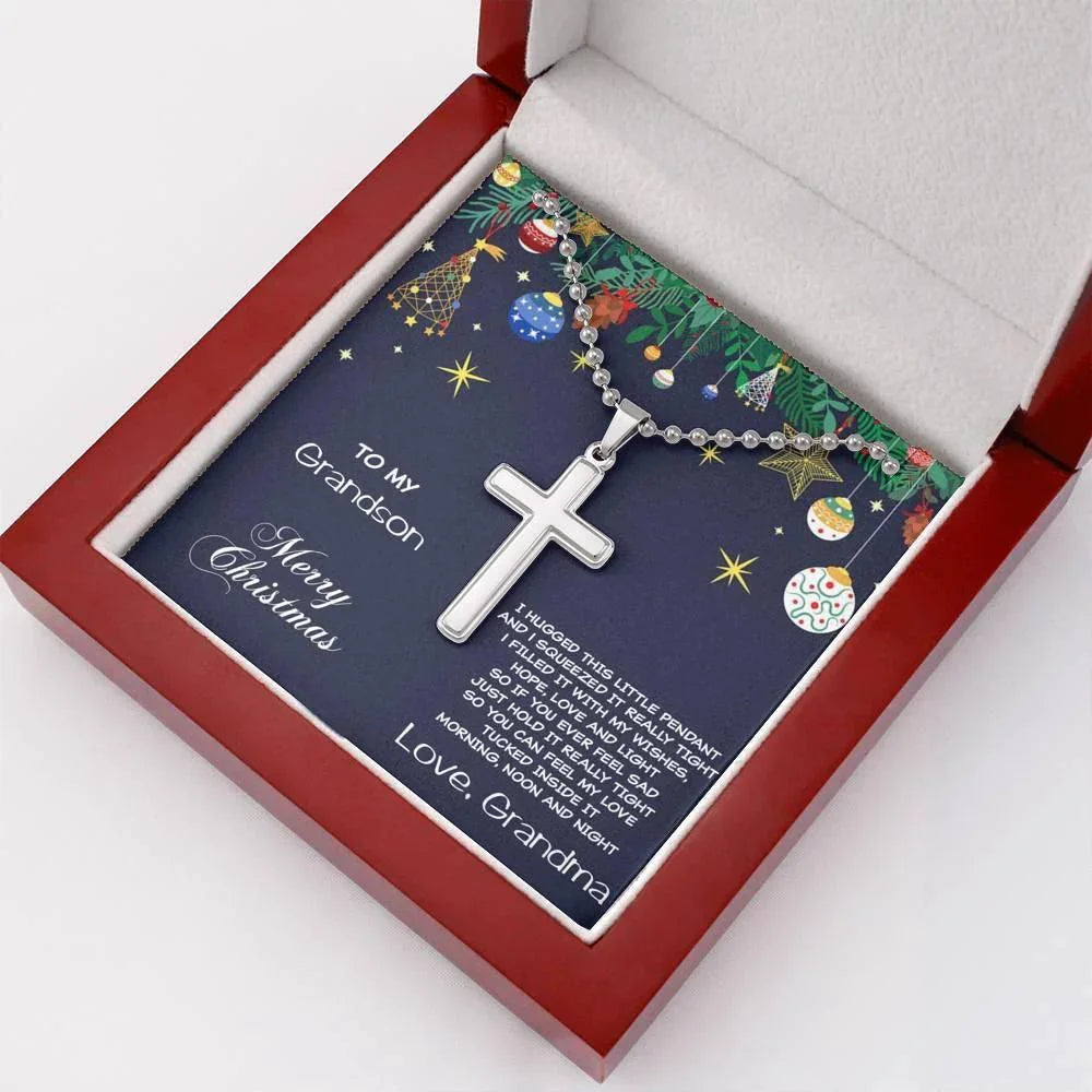 Grandson Personalized Christmas Cross Pendant Necklace