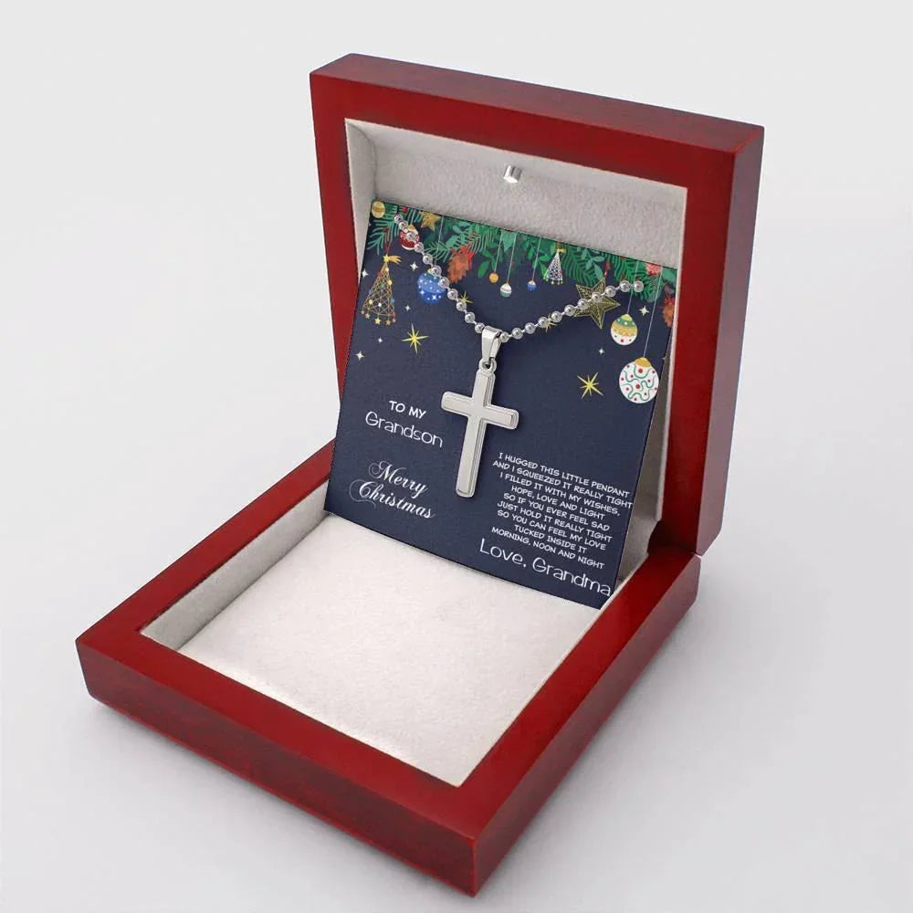 Grandson Personalized Christmas Cross Pendant Necklace