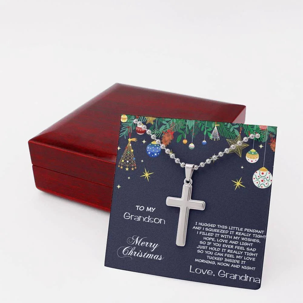 Grandson Personalized Christmas Cross Pendant Necklace