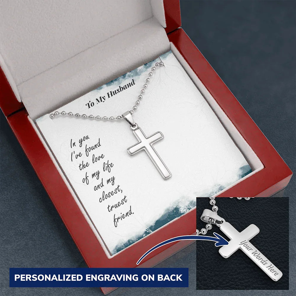 Gift for Husband - Love of my Life - Engraved Back Cross Pendant Necklace