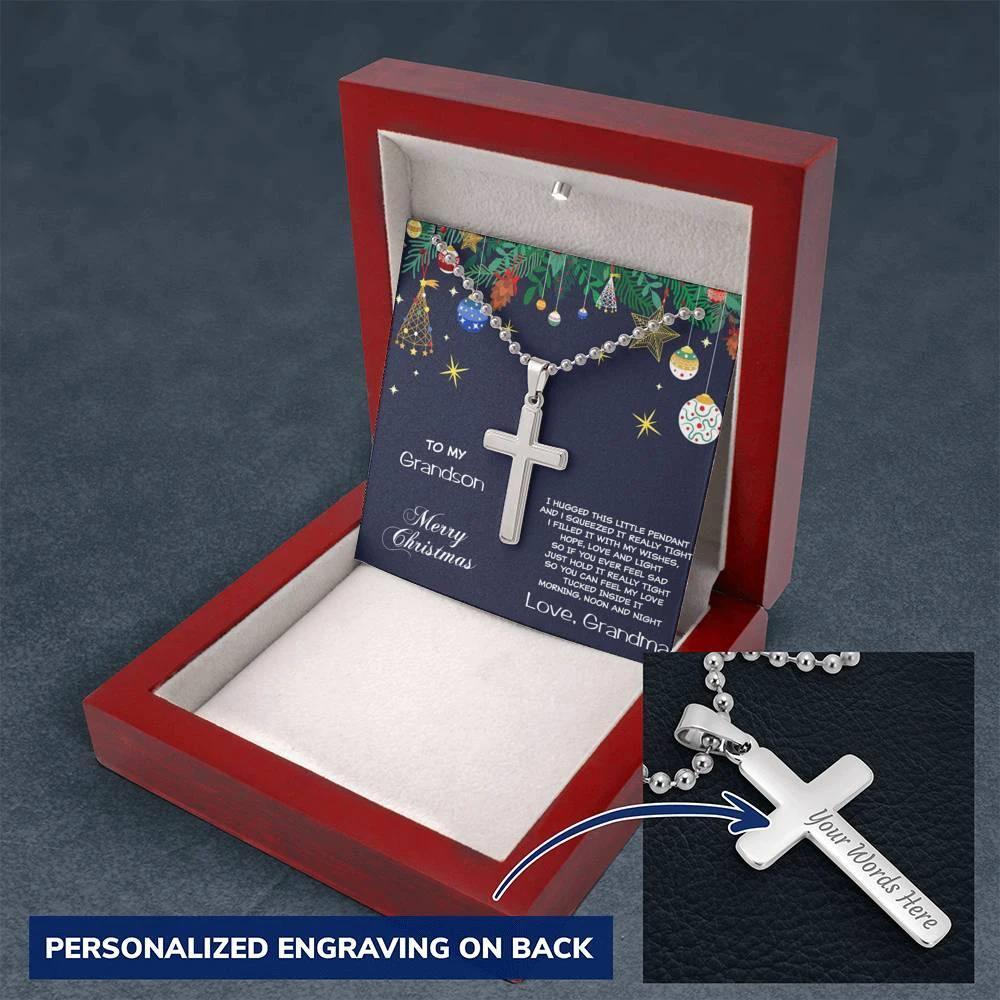 Grandson Personalized Christmas Cross Pendant Necklace