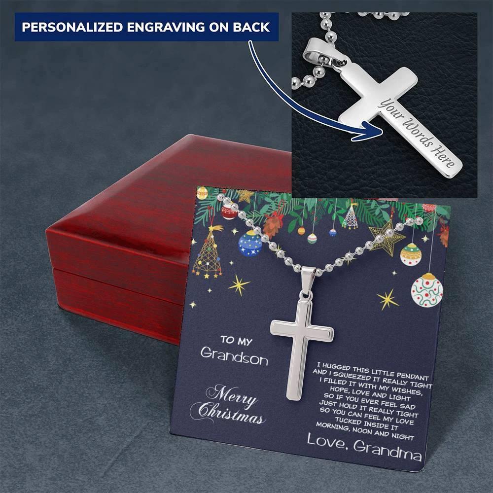 Grandson Personalized Christmas Cross Pendant Necklace