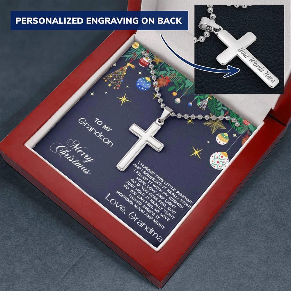 Grandson Personalized Christmas Cross Pendant Necklace