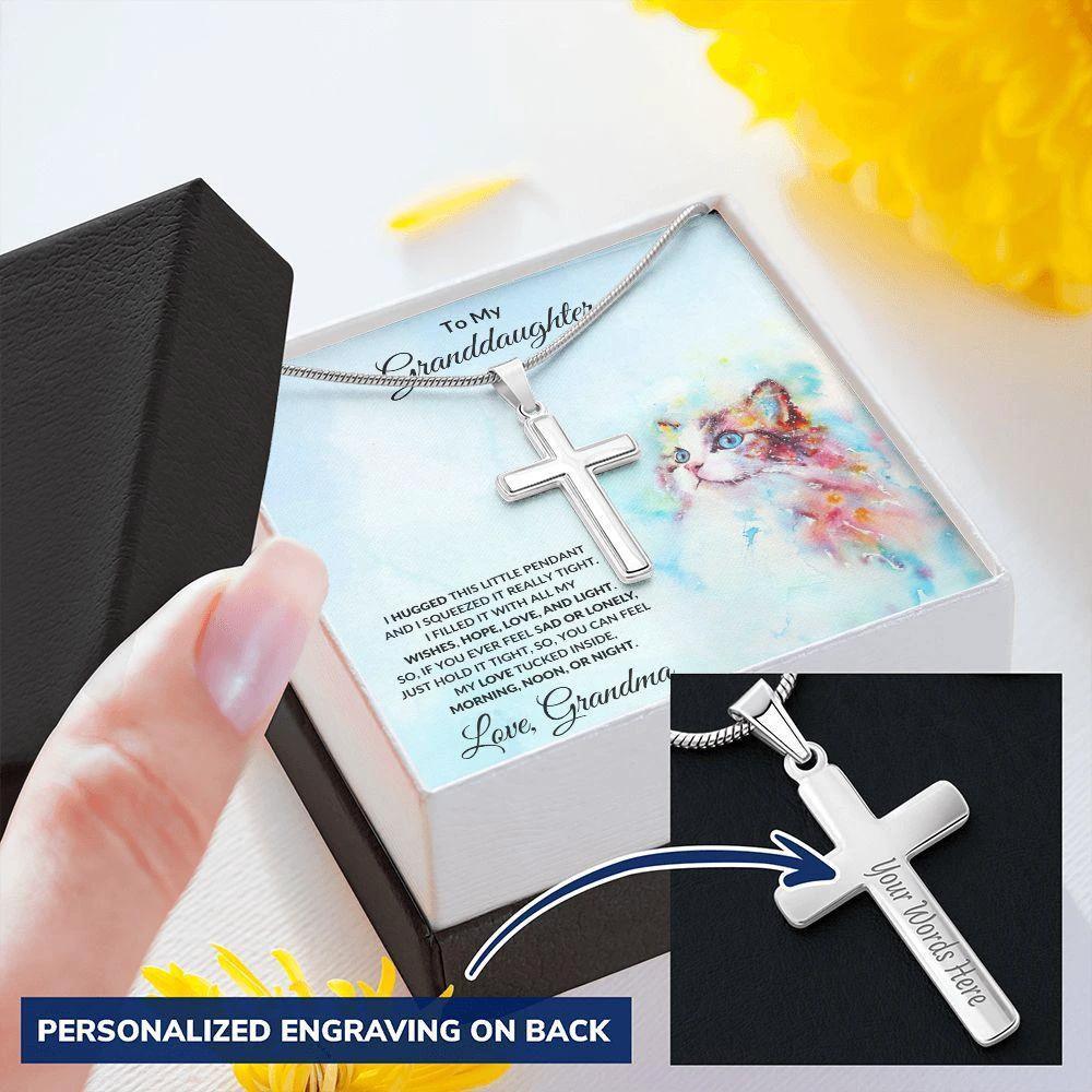 Granddaughter Gift Hugs Love Grandma Personalized Cross Pendant