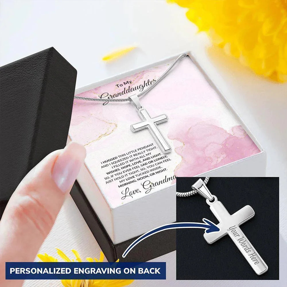 Gift for Granddaughter Hugs from Grandma Engraved Cross Pendant Necklace