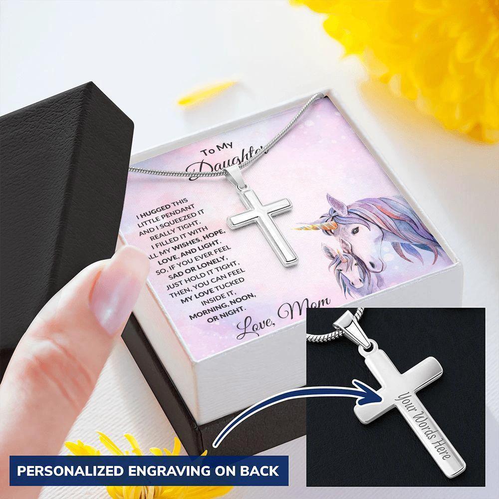 To My Daughter Engraved Cross Necklace Unicorn Message Card