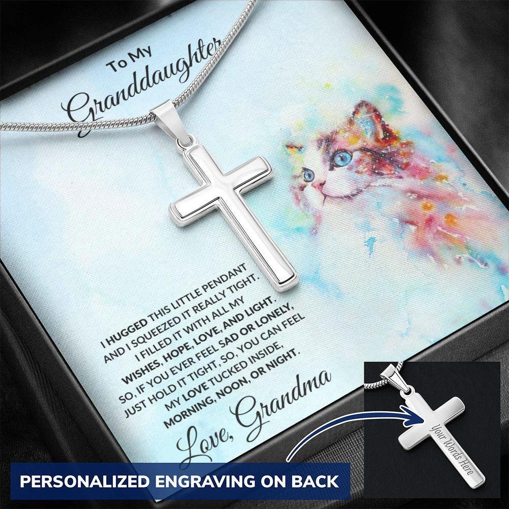 Granddaughter Gift Hugs Love Grandma Personalized Cross Pendant