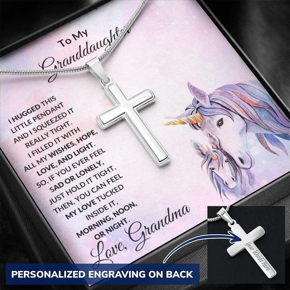 Gift for Granddaughter Personalized Cross Necklace Unicorn Message Card