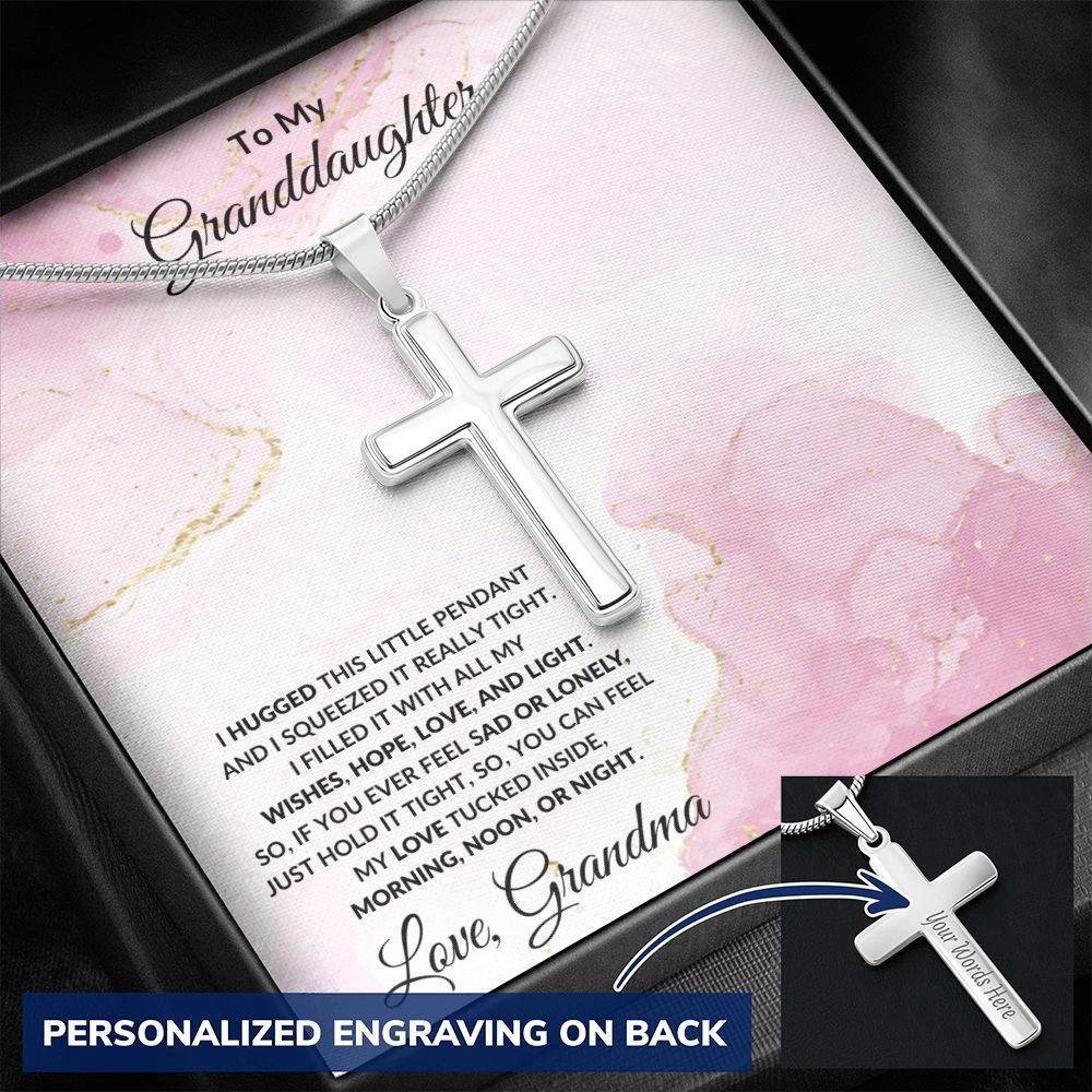 Gift for Granddaughter Hugs from Grandma Engraved Cross Pendant Necklace