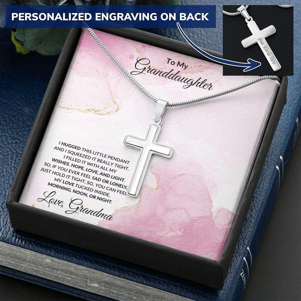 Gift for Granddaughter Hugs from Grandma Engraved Cross Pendant Necklace