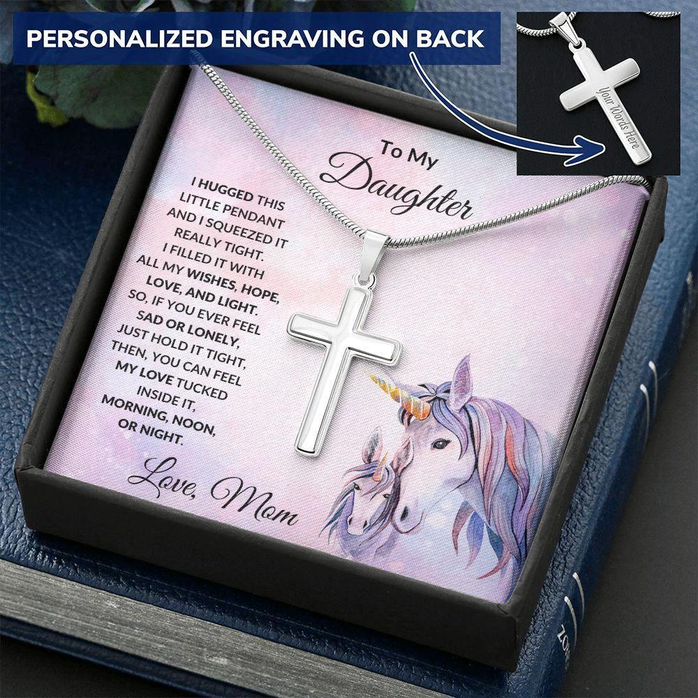 To My Daughter Engraved Cross Necklace Unicorn Message Card
