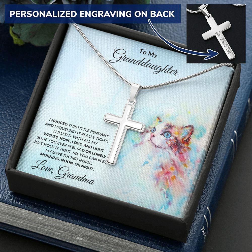 Granddaughter Gift Hugs Love Grandma Personalized Cross Pendant