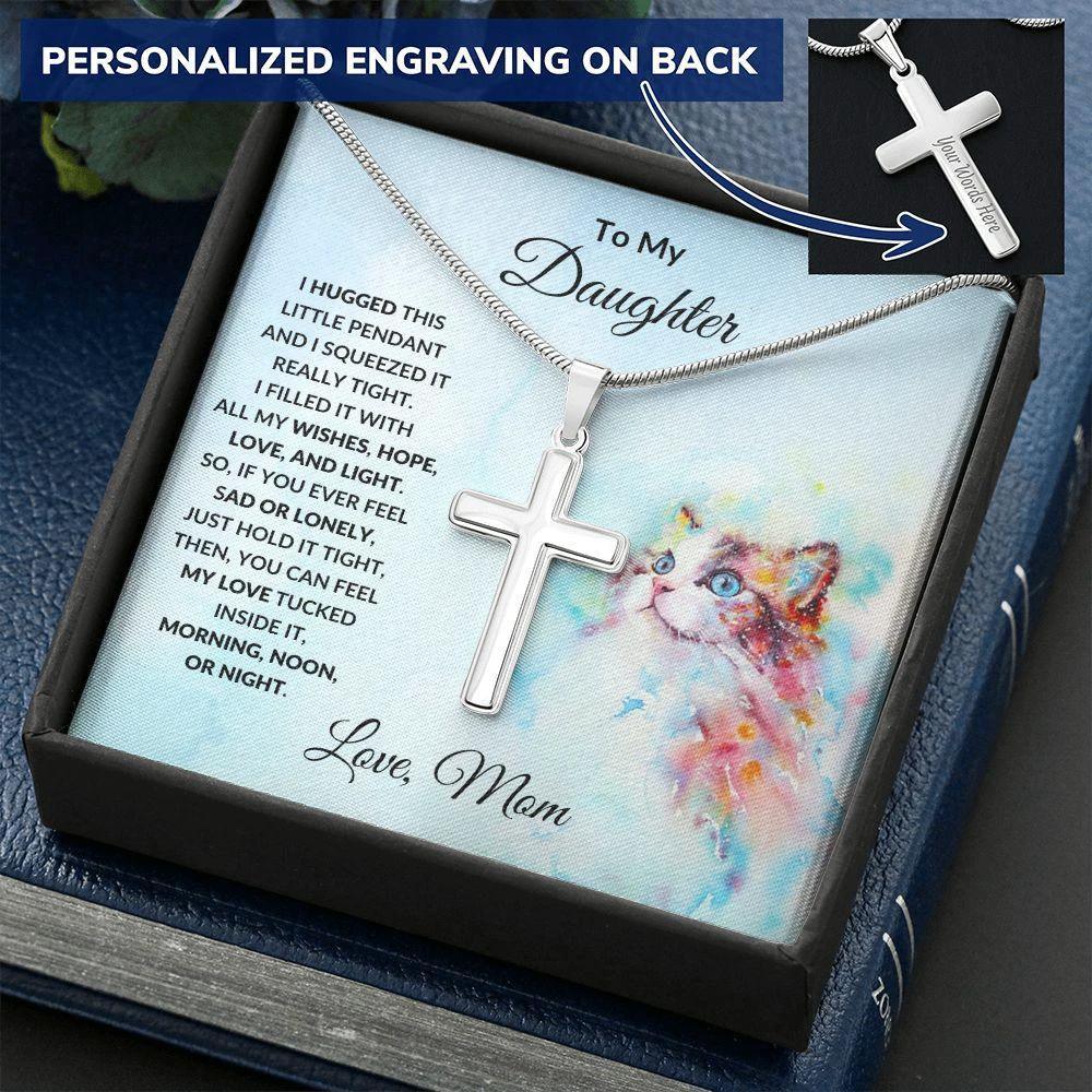 To My Daughter Love Mom Engraved Cross Necklace