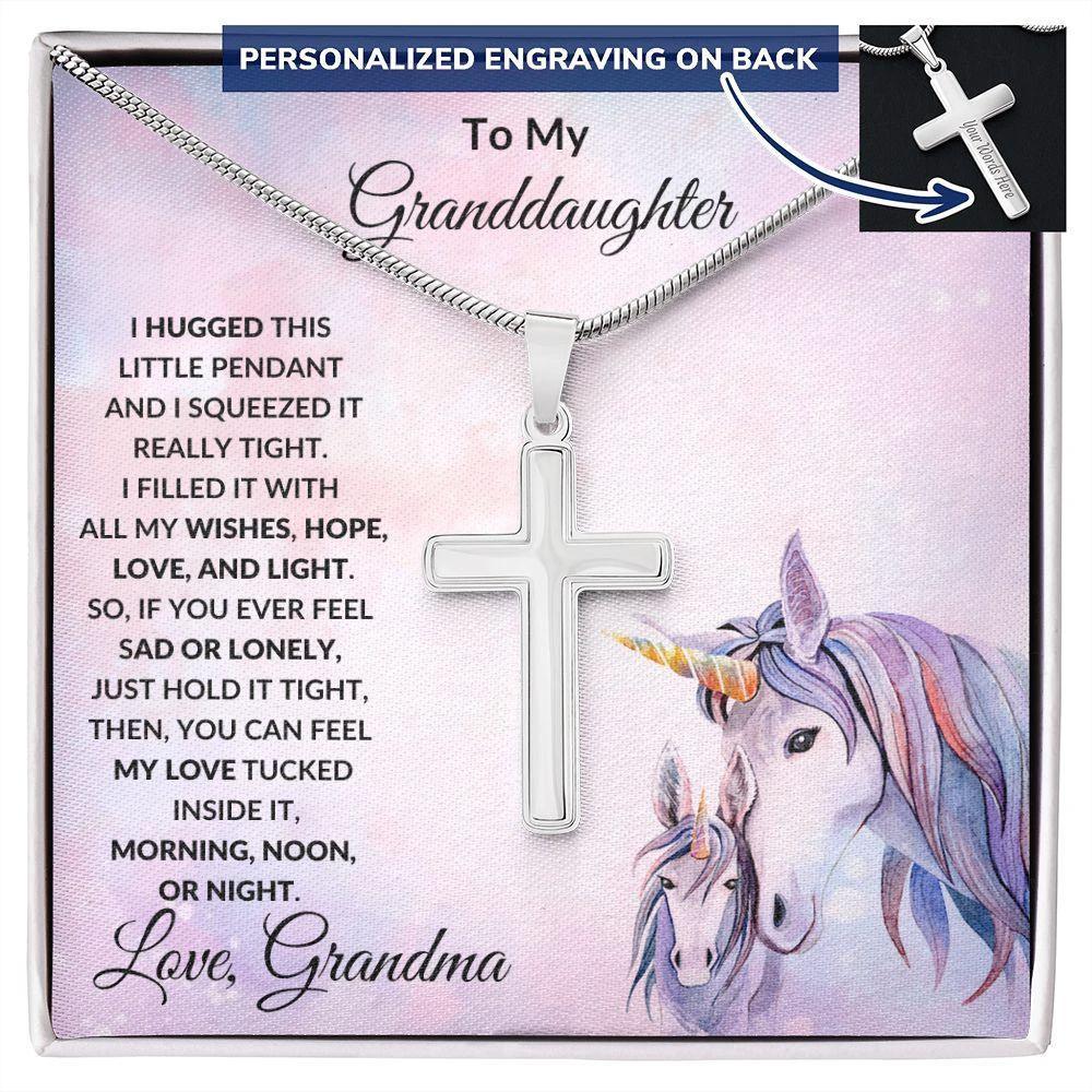 Gift for Granddaughter Personalized Cross Necklace Unicorn Message Card
