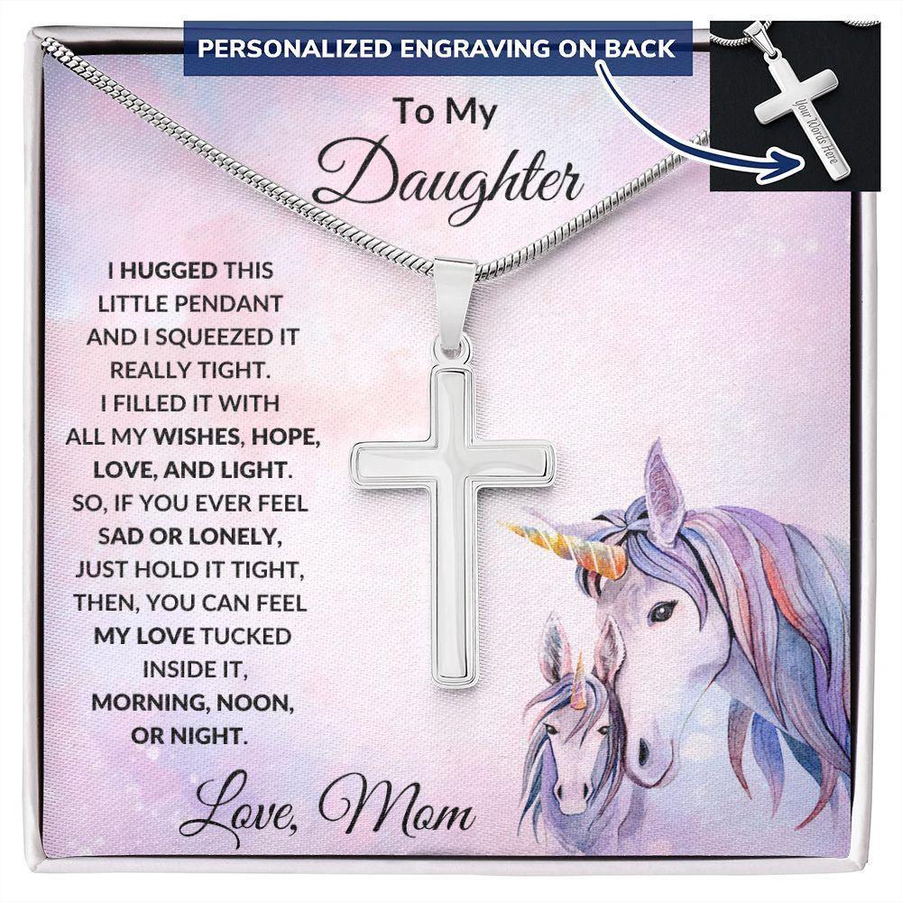 To My Daughter Engraved Cross Necklace Unicorn Message Card