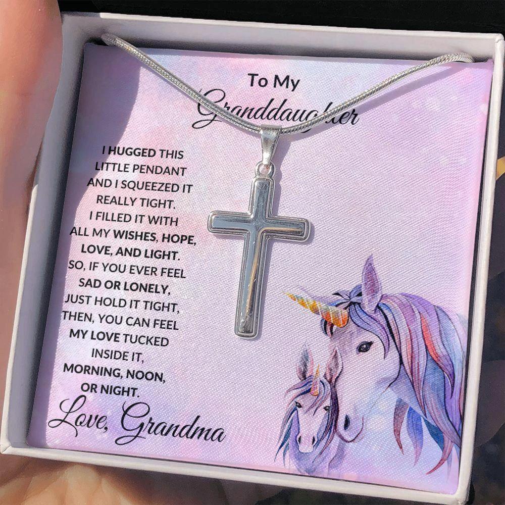 Gift for Granddaughter Personalized Cross Necklace Unicorn Message Card
