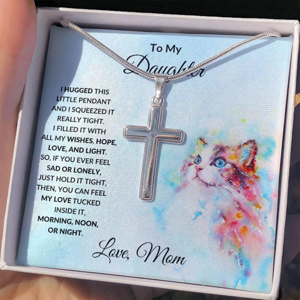 To My Daughter Love Mom Engraved Cross Necklace