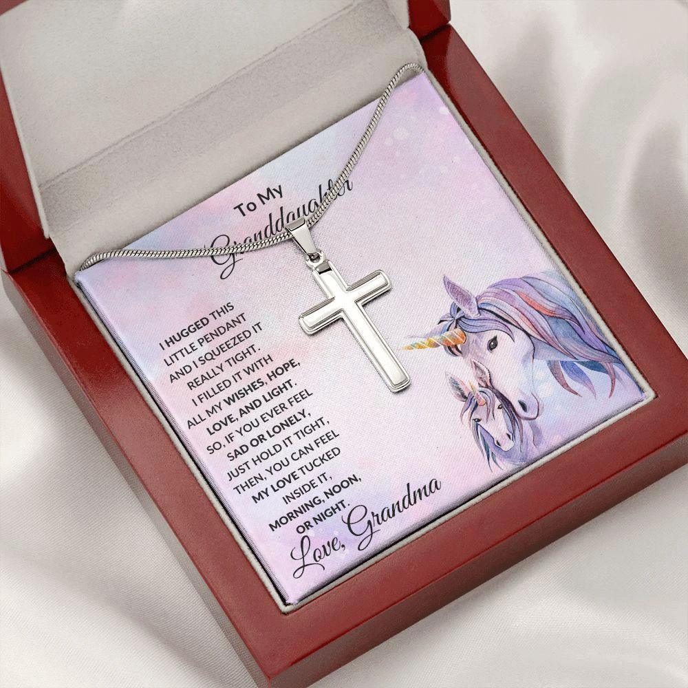 Gift for Granddaughter Personalized Cross Necklace Unicorn Message Card