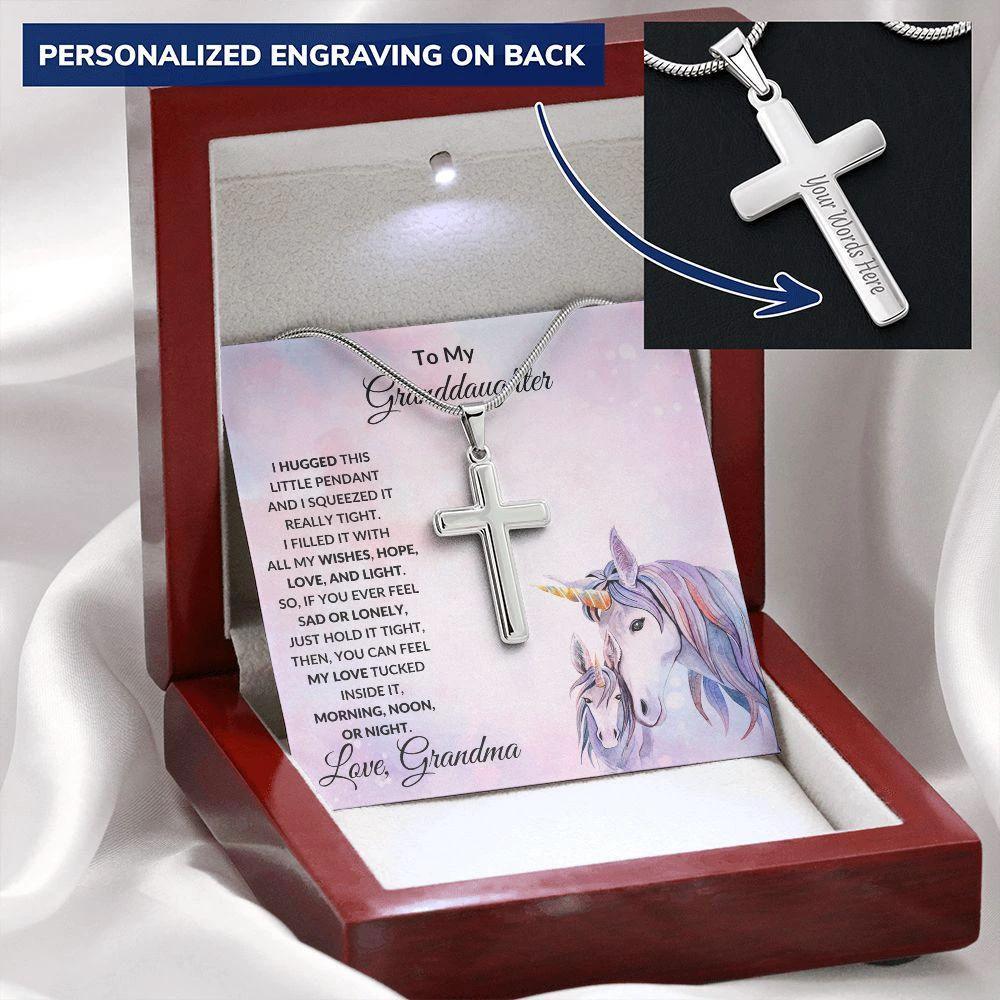 Gift for Granddaughter Personalized Cross Necklace Unicorn Message Card