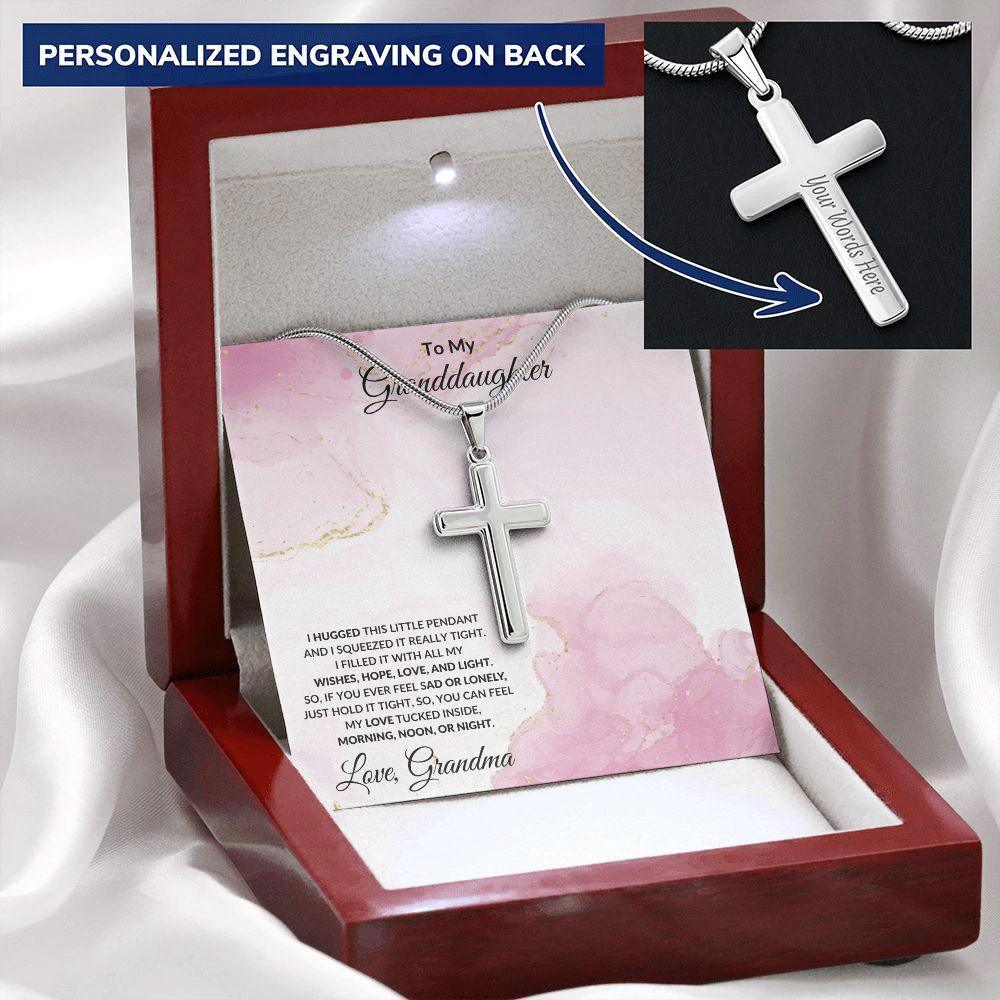 Gift for Granddaughter Hugs from Grandma Engraved Cross Pendant Necklace
