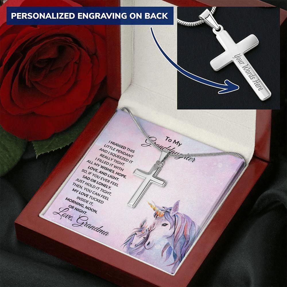 Gift for Granddaughter Personalized Cross Necklace Unicorn Message Card