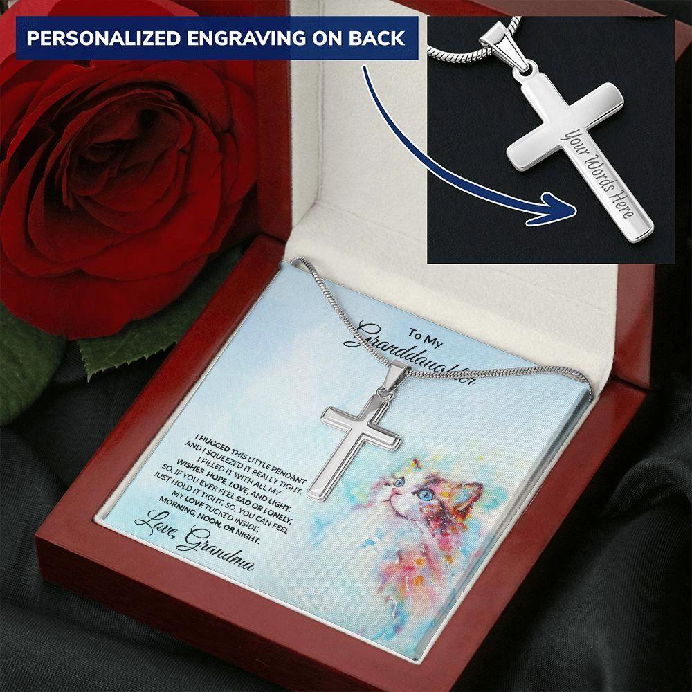 Granddaughter Gift Hugs Love Grandma Personalized Cross Pendant
