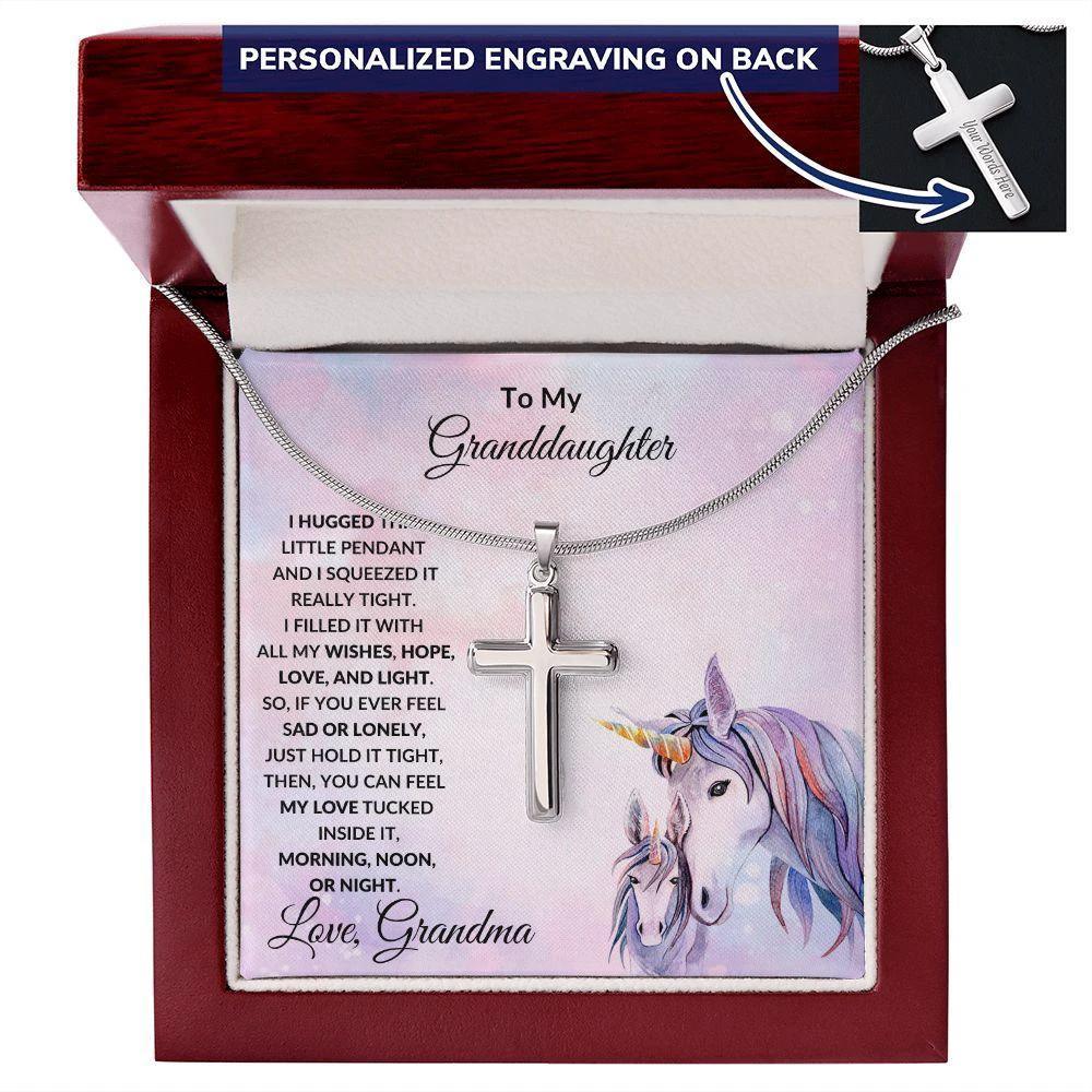Gift for Granddaughter Personalized Cross Necklace Unicorn Message Card