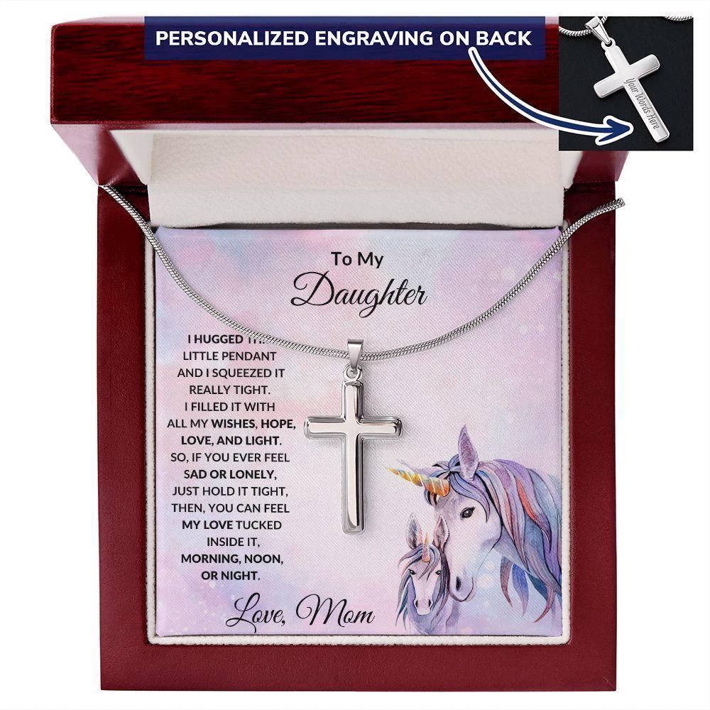 To My Daughter Engraved Cross Necklace Unicorn Message Card
