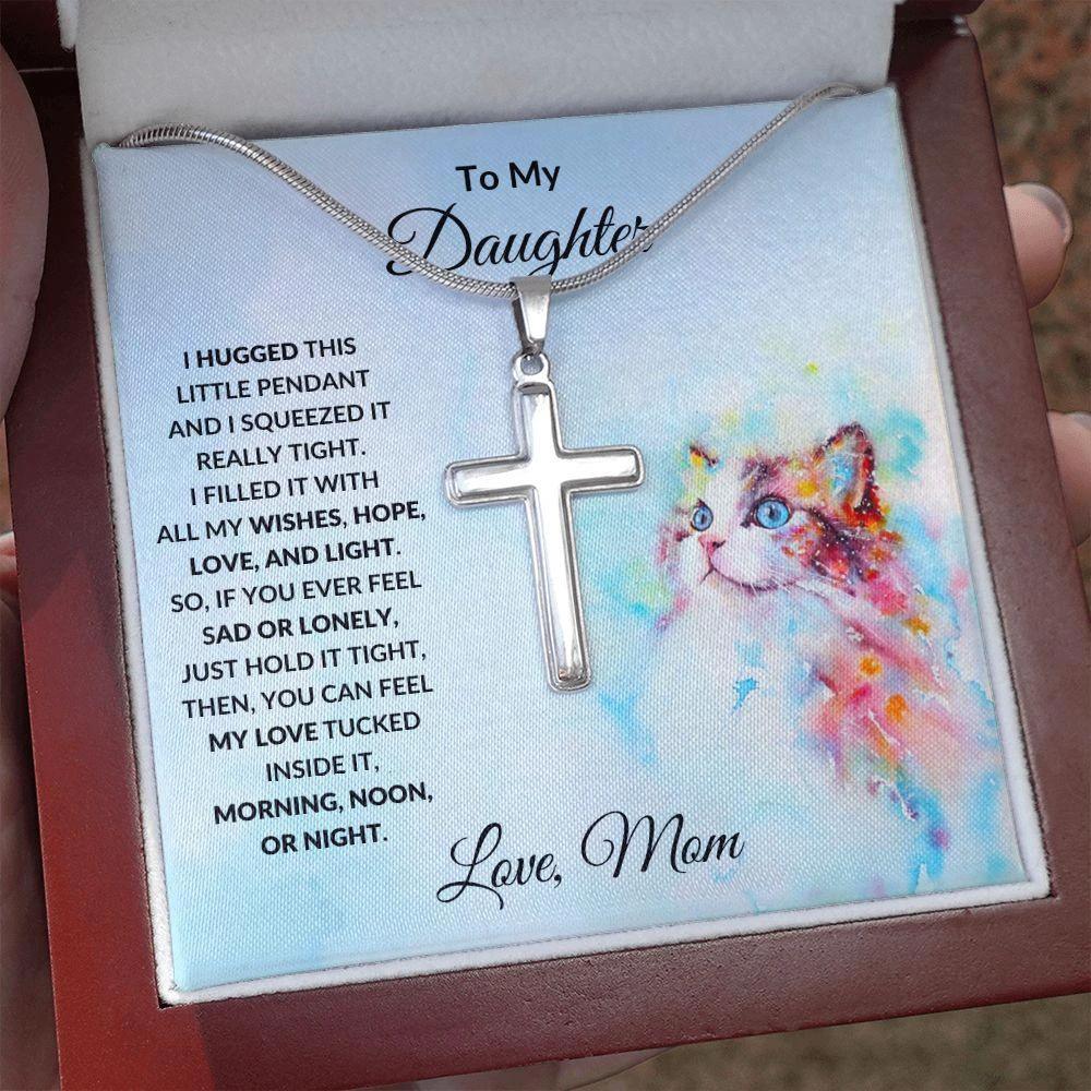 To My Daughter Love Mom Engraved Cross Necklace