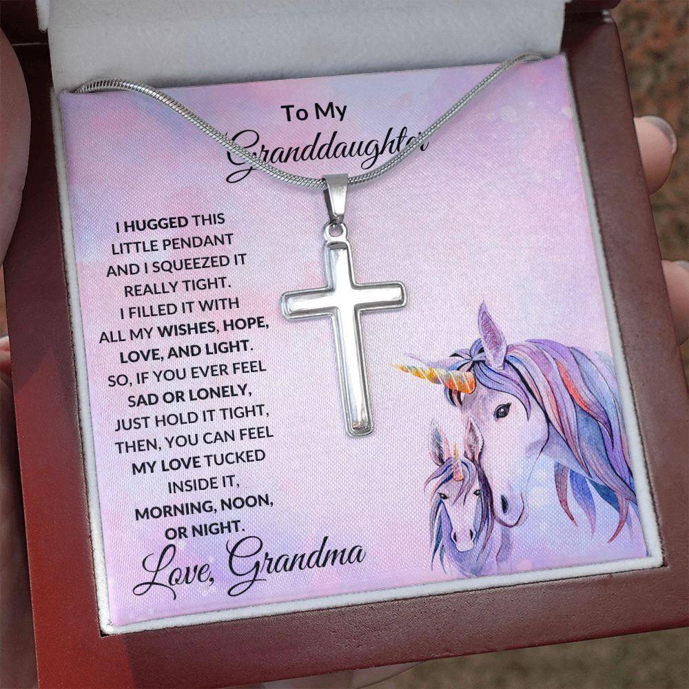 Gift for Granddaughter Personalized Cross Necklace Unicorn Message Card