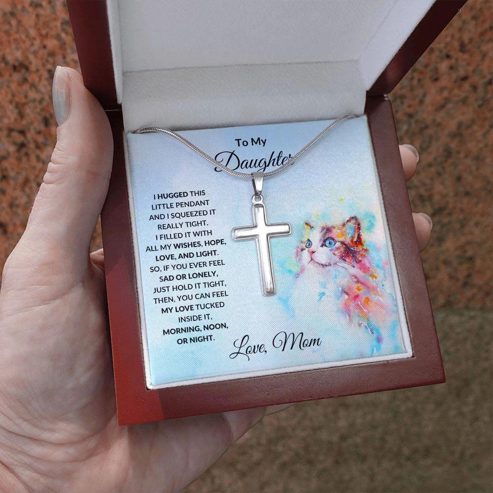 To My Daughter Love Mom Engraved Cross Necklace