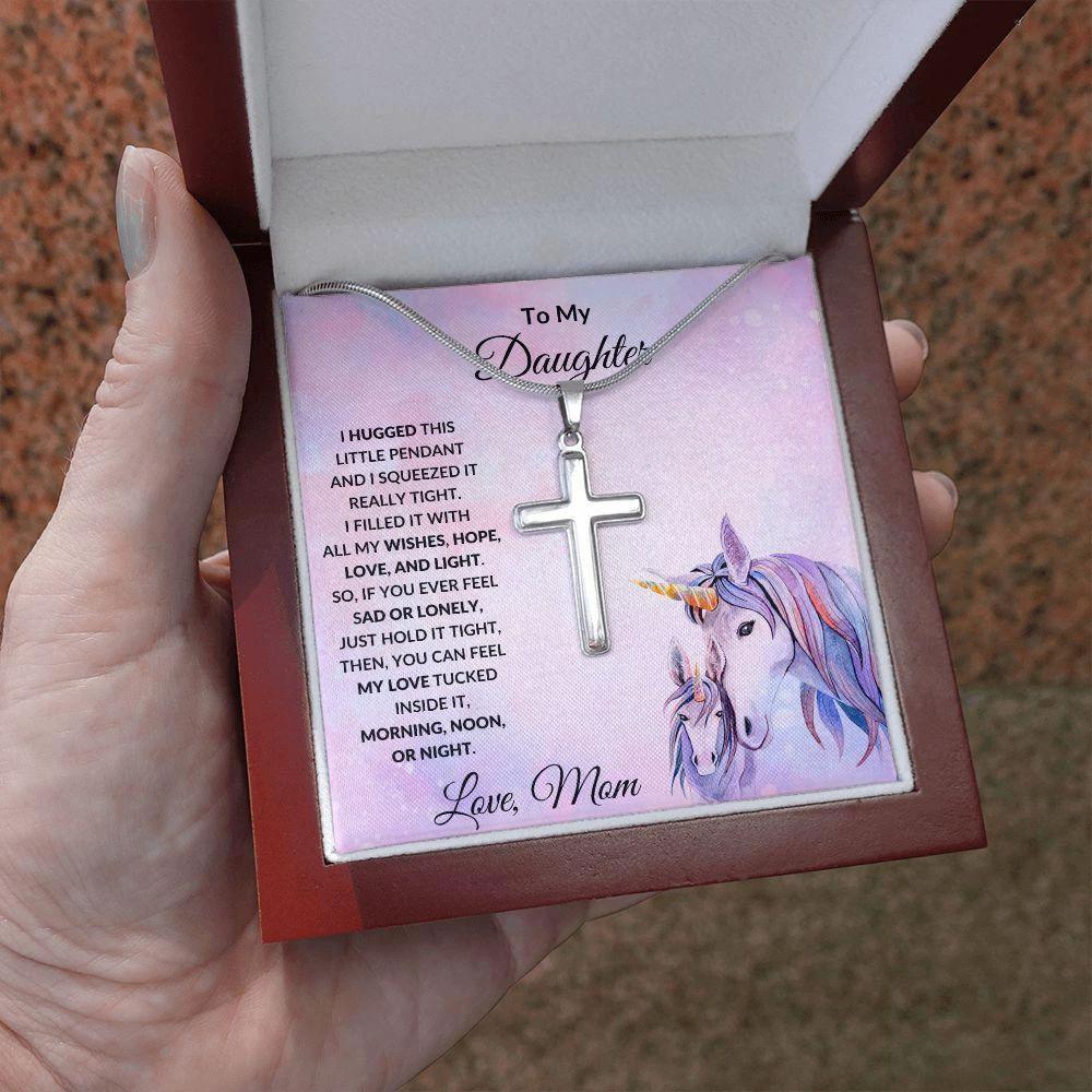 To My Daughter Engraved Cross Necklace Unicorn Message Card