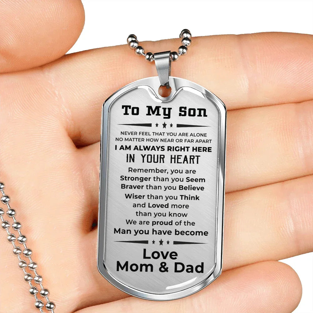 Gift for Adult Son Military Dog Tag Style Necklace Love Mom & Dad