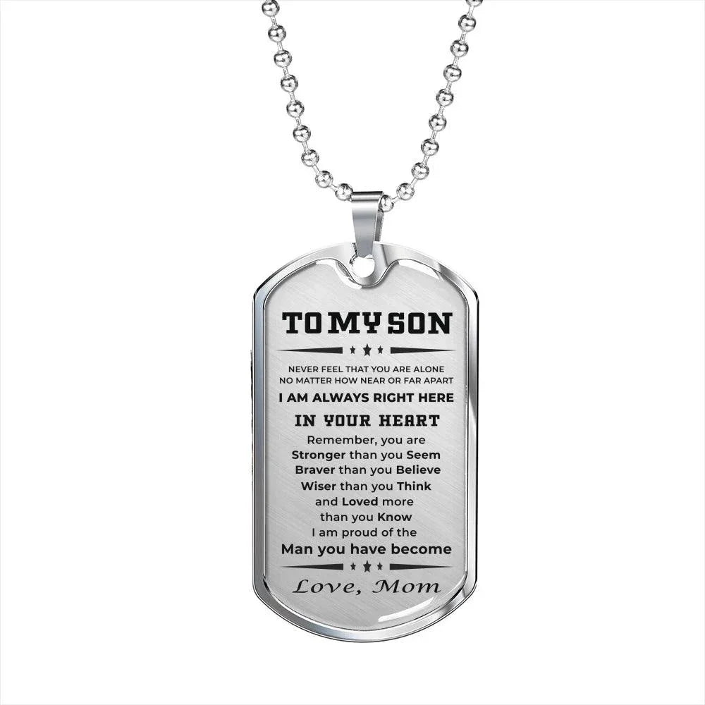 Gift for Adult Son from Mom Personalized Military Dog Tag Style Pendant Necklace with Engraved Back - Mallard Moon Gift Shop