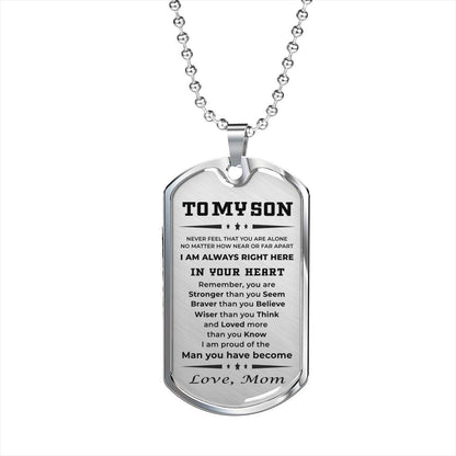 Gift for Adult Son from Mom Personalized Military Dog Tag Style Pendant Necklace with Engraved Back - Mallard Moon Gift Shop